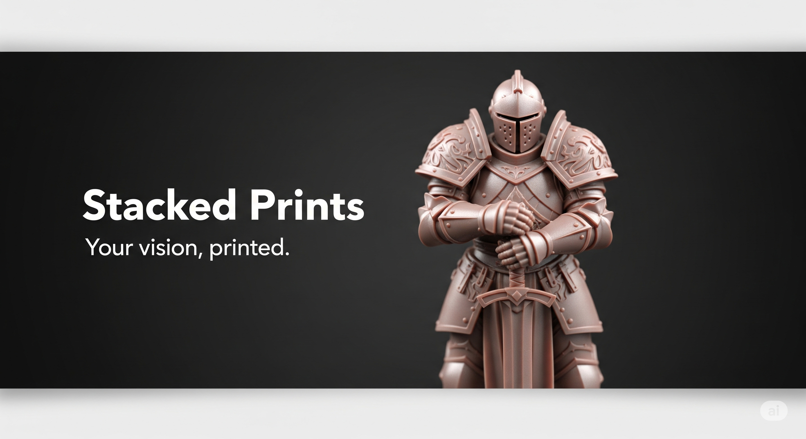 3D printed knight figure with 'Stacked Prints' text on a dark background