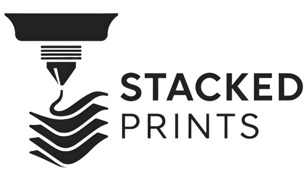 Logo of 'Stacked Prints' with a black filamaent and stacked print layers on a white background